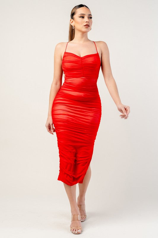 LUX MESH DRAWSTRING LACE UP BACK RUCHED MIDI DRESS