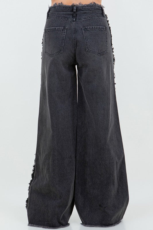 DRAWSTRING WAIST DISTRESSED WIDE JEANS