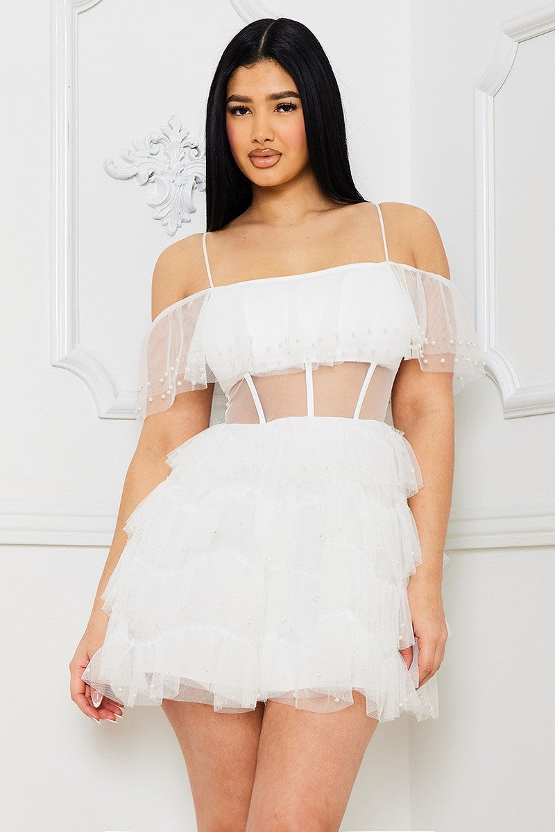MESH AND PEARLS SWEETHEART MINI DRESS