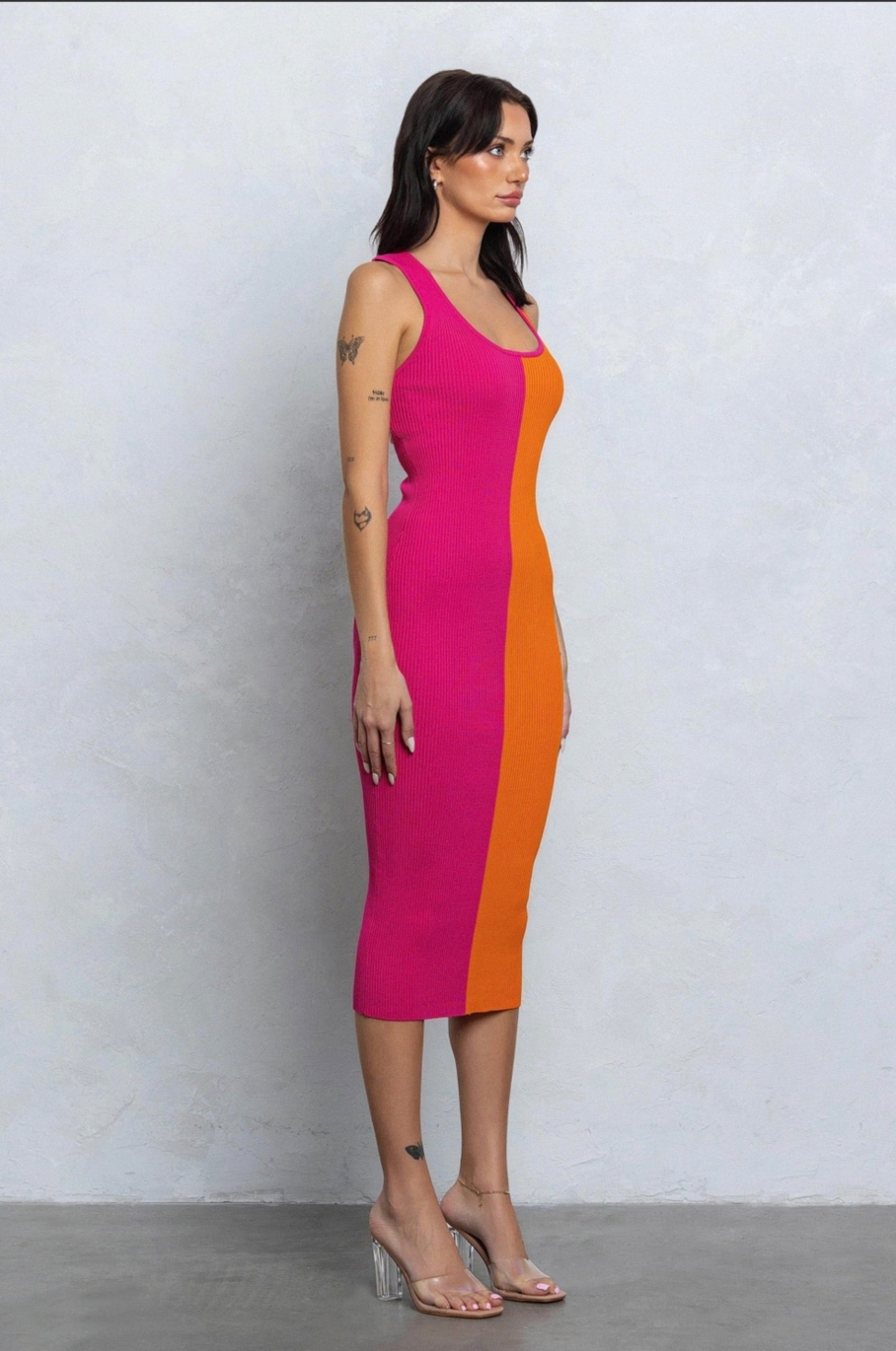 Back cutout ribbed knit half and half midi dress