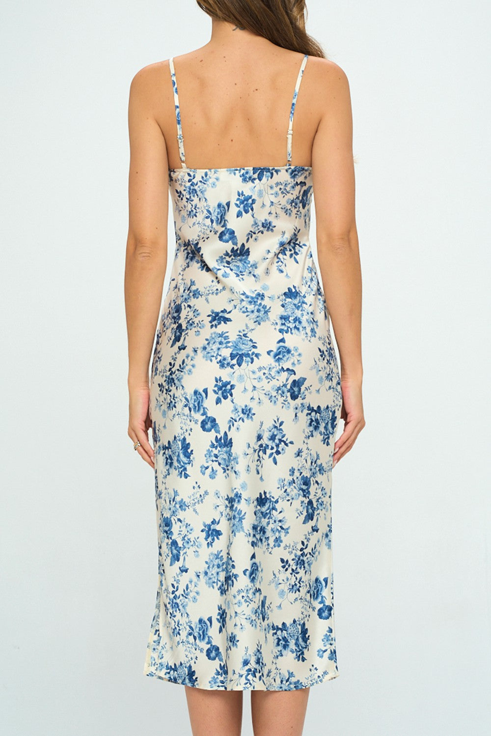 SATIN FLORAL COWL NECK MIDI DRESS