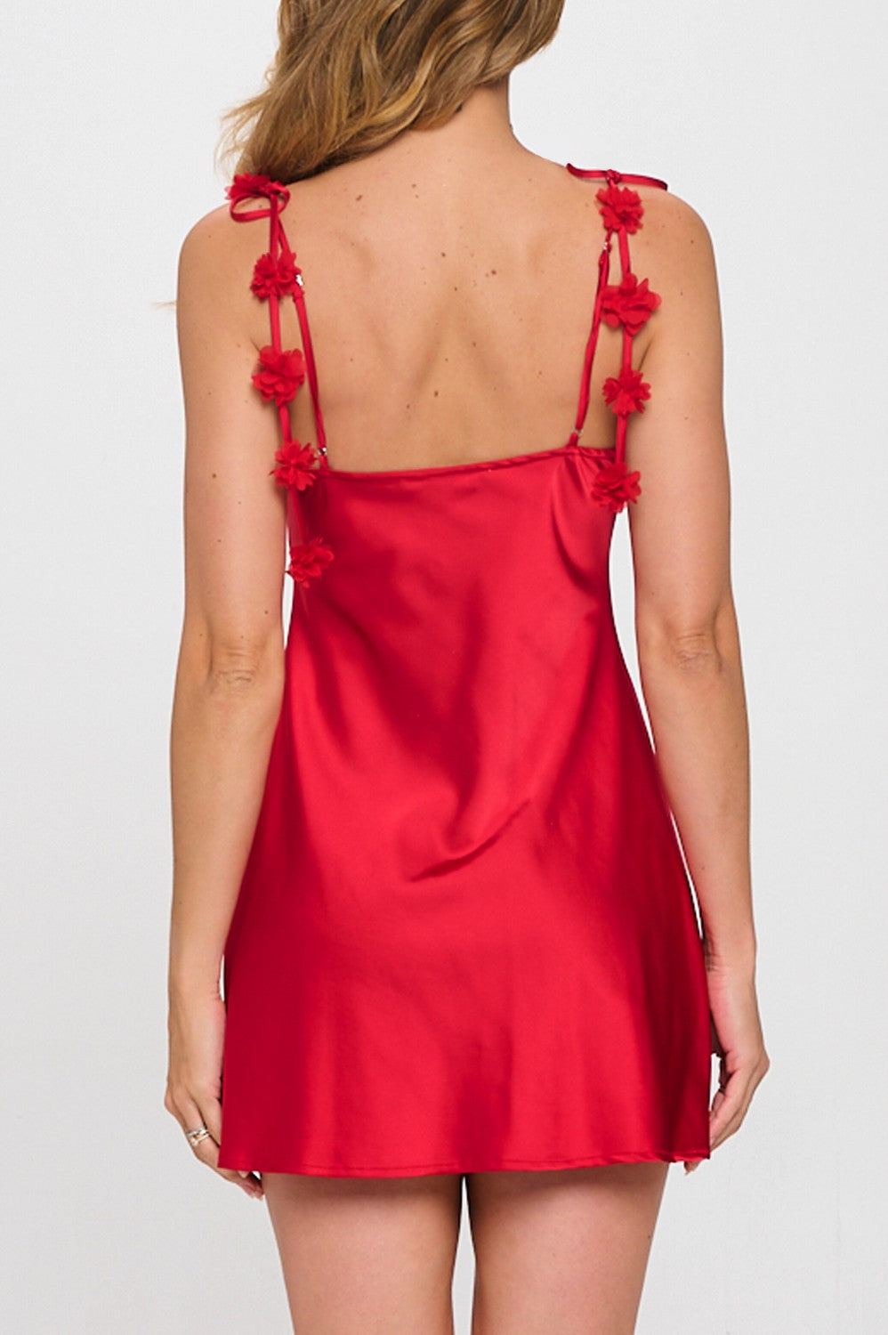 RED SATIN MINI DETAILED DRESS