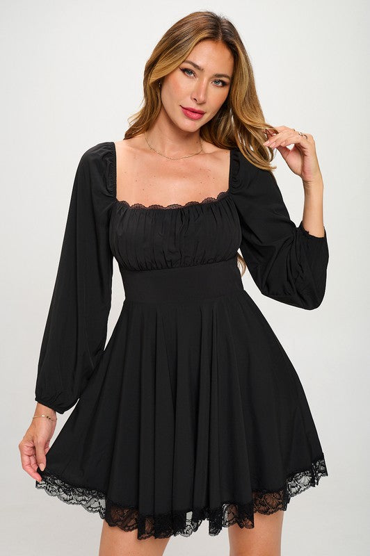 LACE TRIM LONG SLEEVE MINI SKATER DRESS