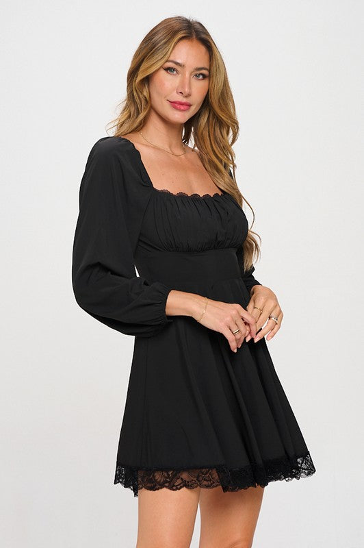 LACE TRIM LONG SLEEVE MINI SKATER DRESS