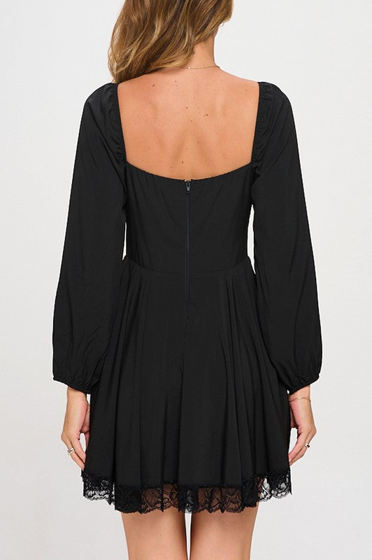 LACE TRIM LONG SLEEVE MINI SKATER DRESS