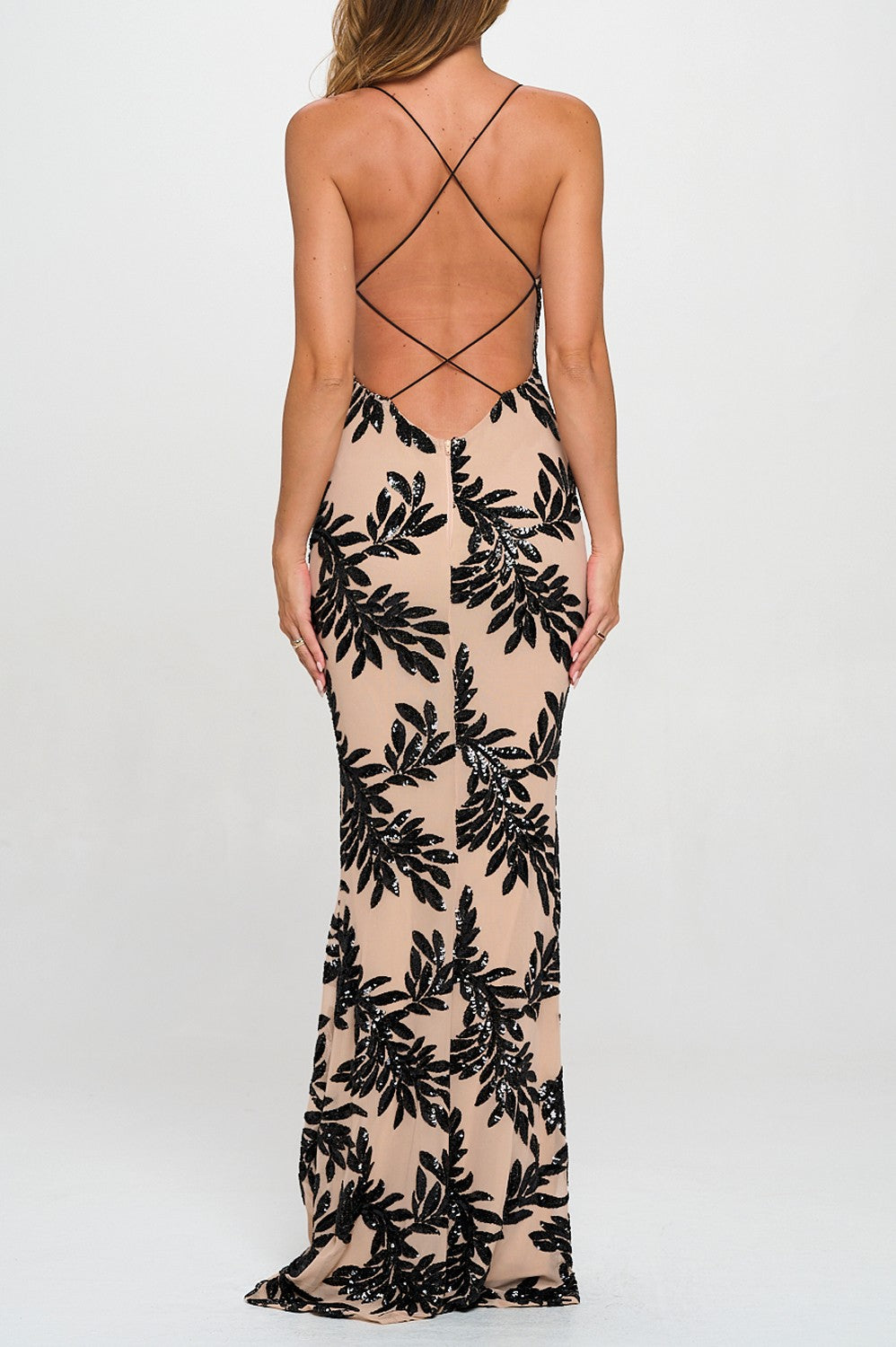 LEAF SEQUIN CROSSBACK MERMAID MAXI DRESS