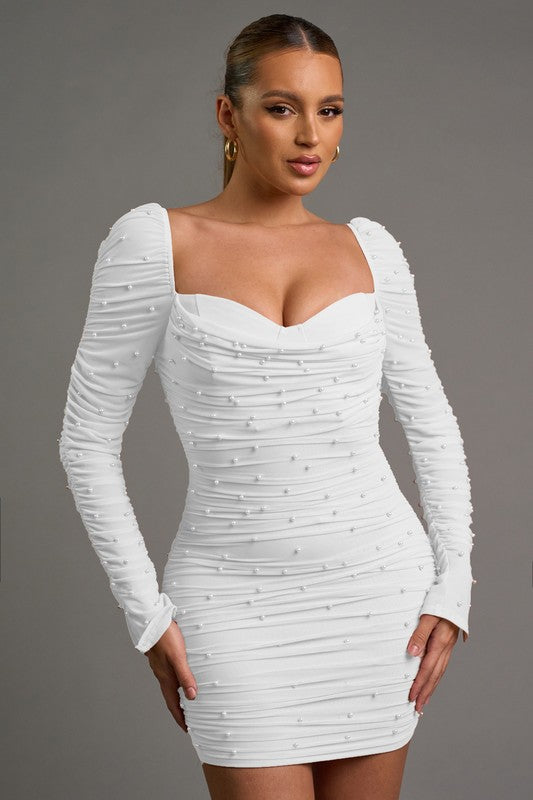 LUXE PEARL MESH SWEETHEART LONG SLEEVES MINI DRESS