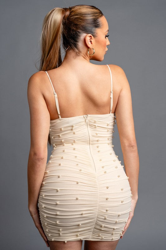 PEARL MESH RUCHED SLEEVELESS BODYCON MINI DRESS