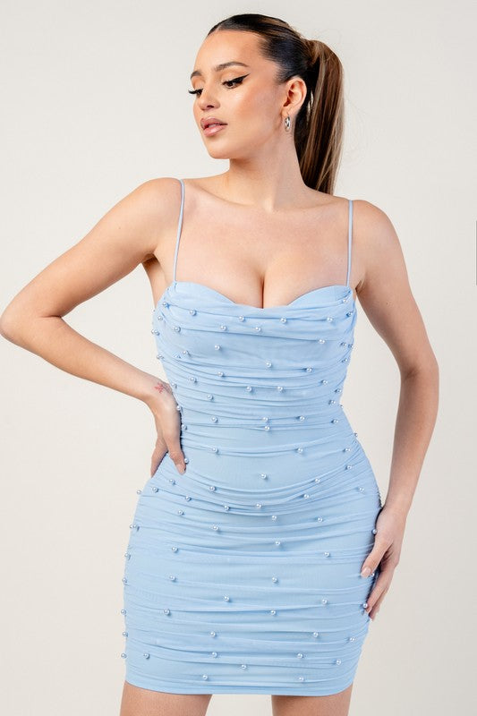 PEARL MESH RUCHED SLEEVELESS BODYCON MINI DRESS