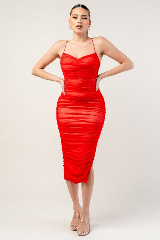 LUX MESH DRAWSTRING LACE UP BACK RUCHED MIDI DRESS