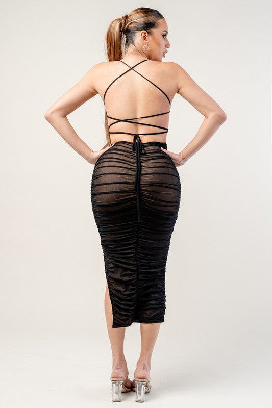 LUX MESH DRAWSTRING LACE UP BACK RUCHED MIDI DRESS