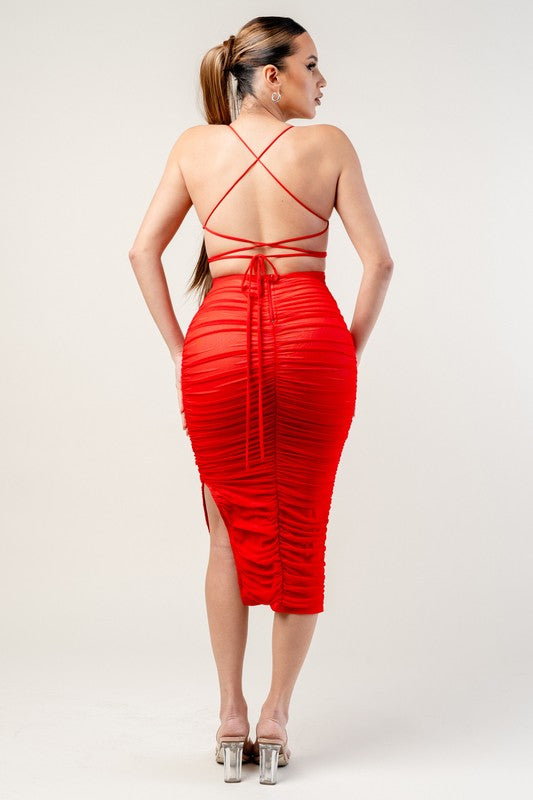 LUX MESH DRAWSTRING LACE UP BACK RUCHED MIDI DRESS