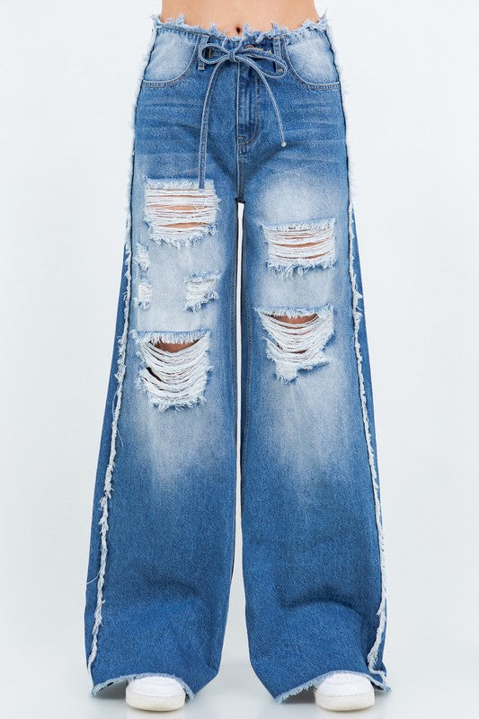 DRAWSTRING WAIST DISTRESSED WIDE JEANS