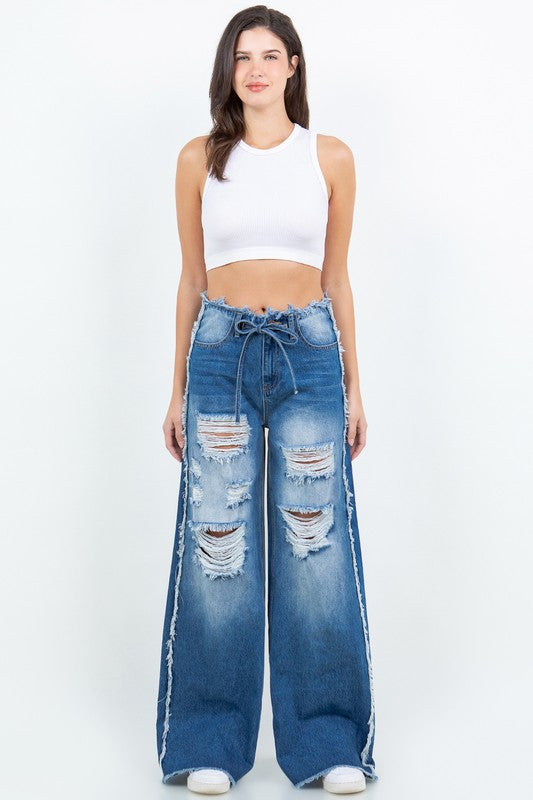 DRAWSTRING WAIST DISTRESSED WIDE JEANS