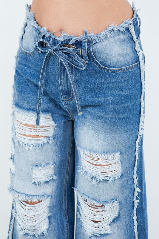 DRAWSTRING WAIST DISTRESSED WIDE JEANS