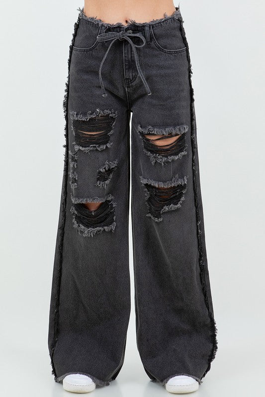 DRAWSTRING WAIST DISTRESSED WIDE JEANS
