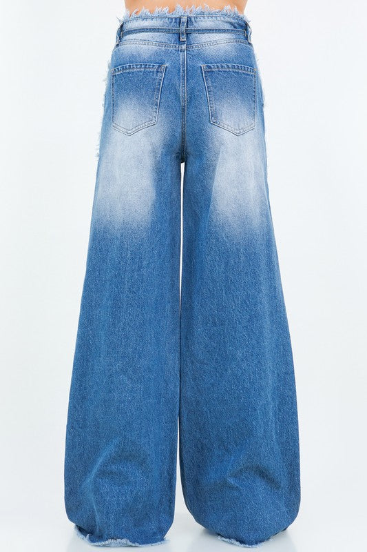 DRAWSTRING WAIST DISTRESSED WIDE JEANS