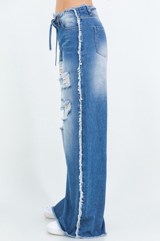 DRAWSTRING WAIST DISTRESSED WIDE JEANS