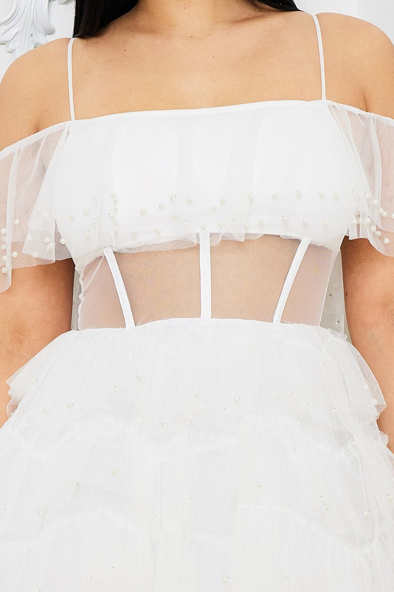 MESH AND PEARLS SWEETHEART MINI DRESS