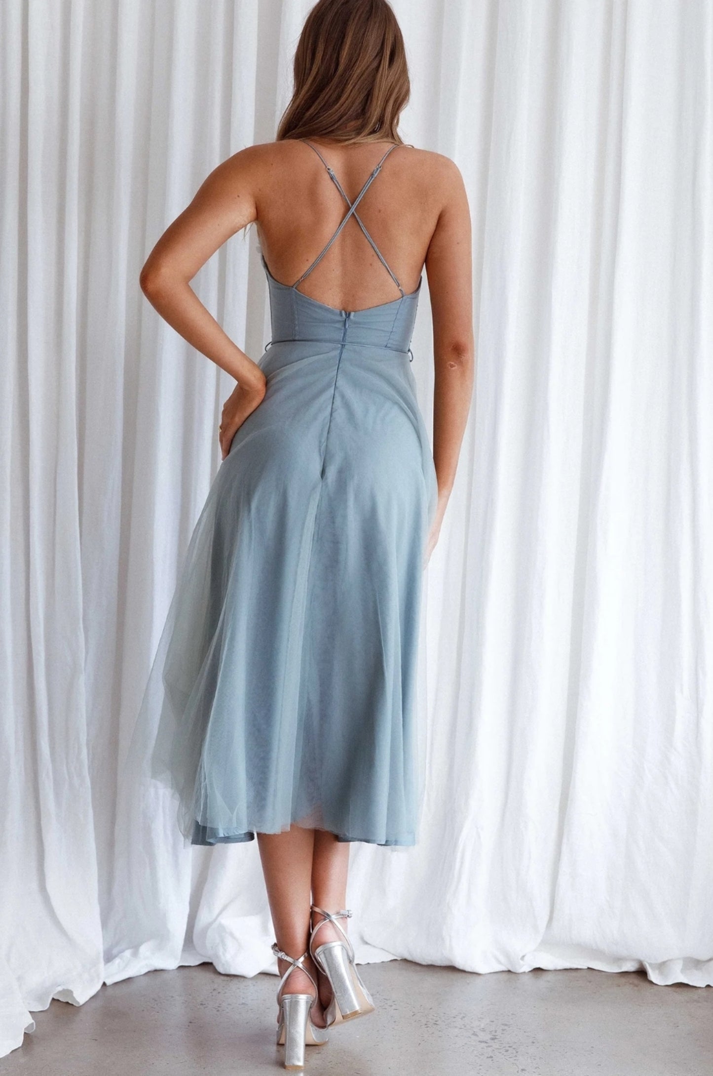 CRISS CROSS BACK STRING TIE MIDI DRESS